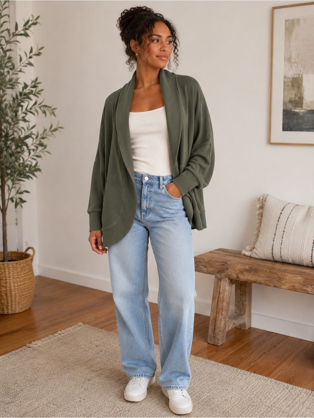 Banana Republic Women’s Olive Green Cotton Blend Open Front Cardigan Size Medium